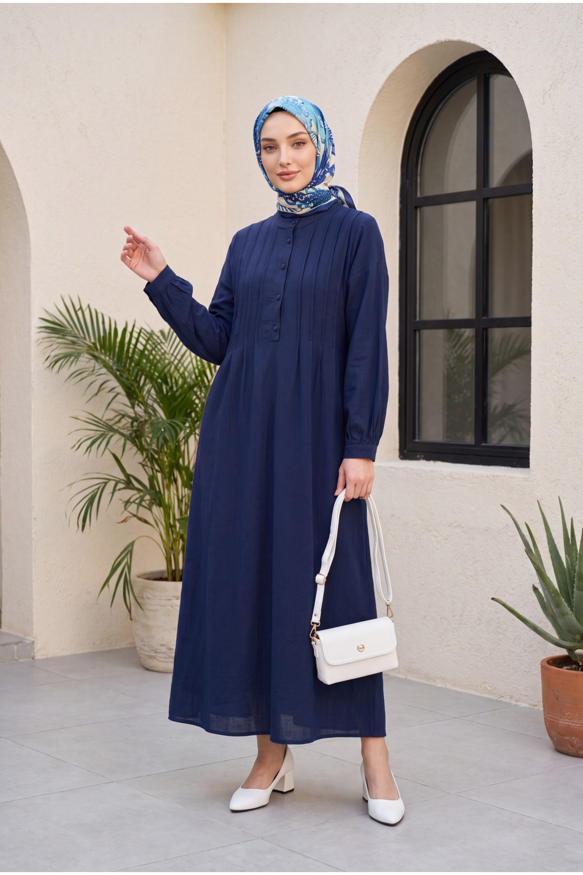 Front Ribbed Half-Button Muslin Dress -Navy blue