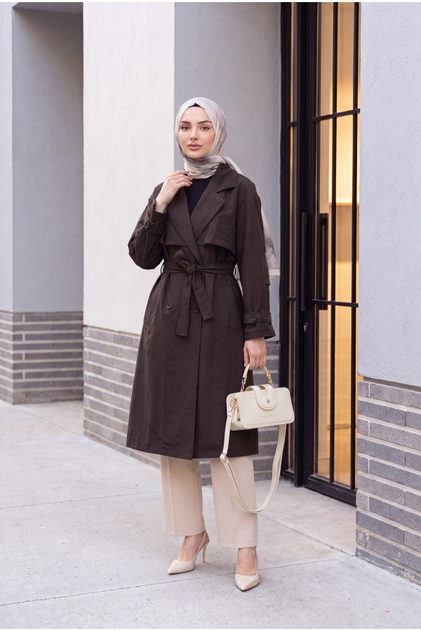 Trench coat made of polyester fabric with belt, pockets, and epauletted sleeves. -Dark Coffee