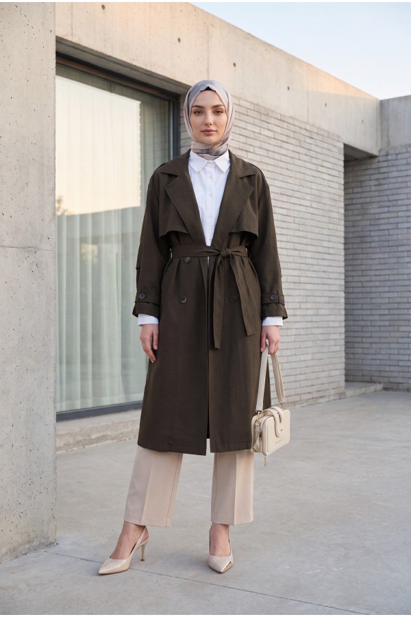 Trench coat made of polyester fabric with belt, pockets, and epauletted sleeves. -Dark Coffee