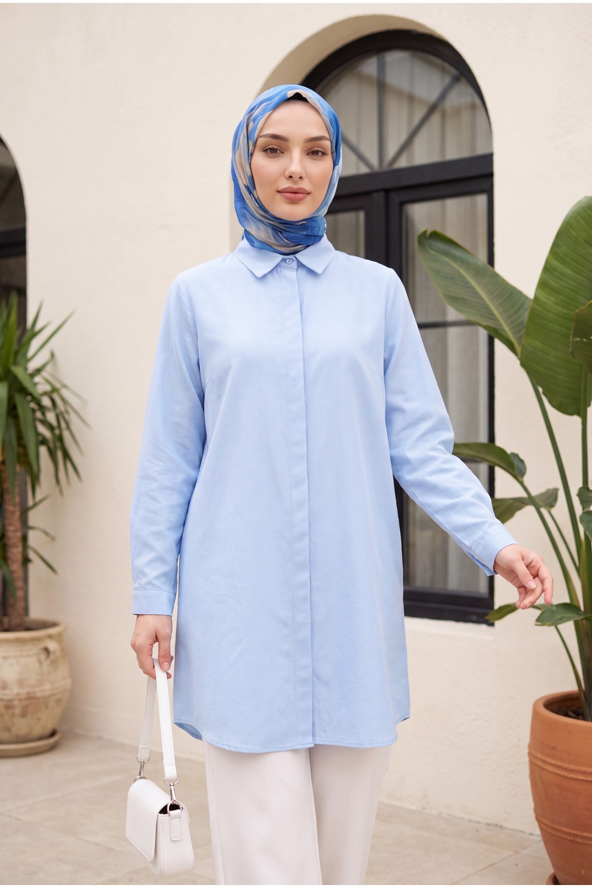 Oval Cut Long Shirt with Hidden Buttons -Baby Blue