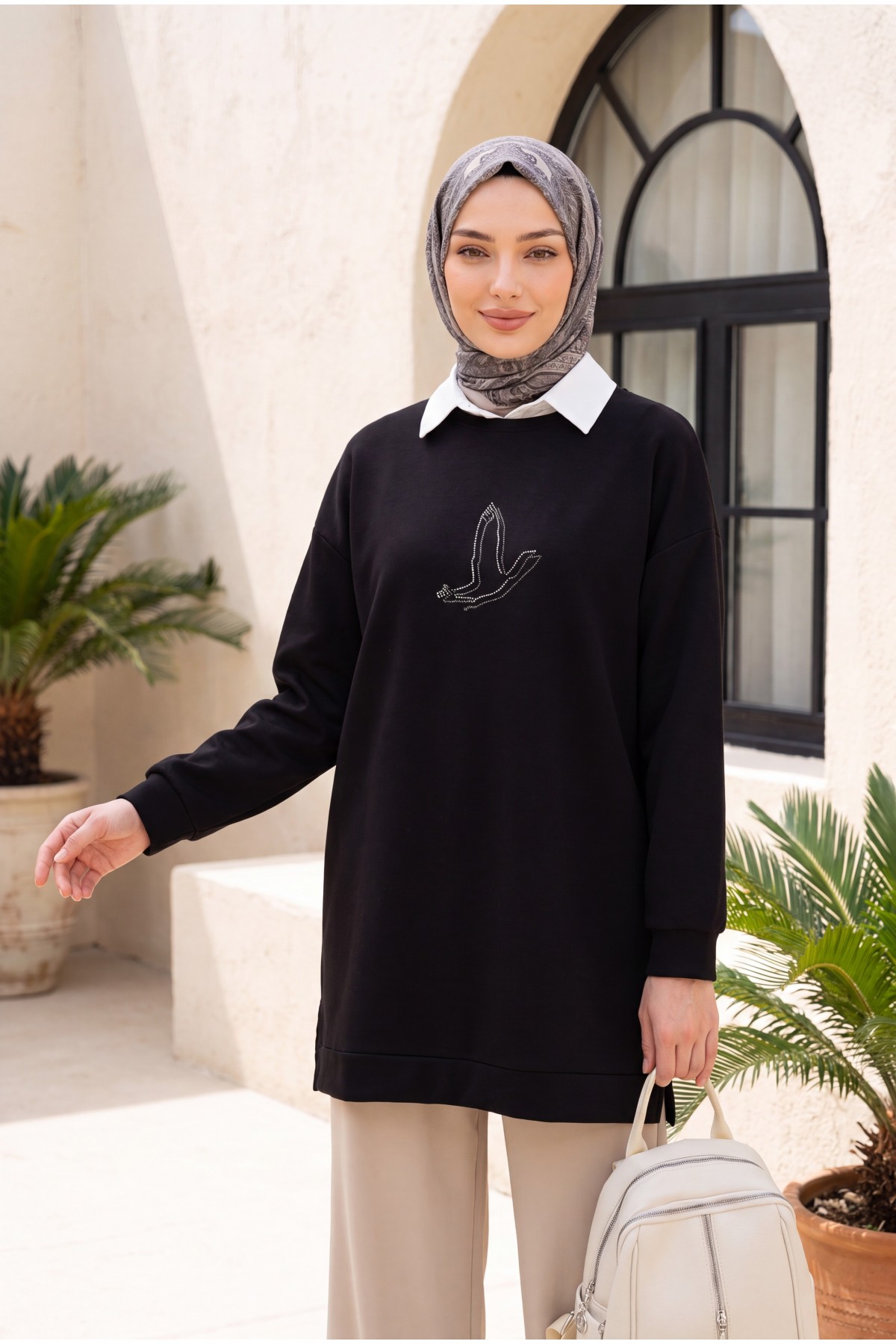 Bird Patterned Stoned Oysho Tunic -Black