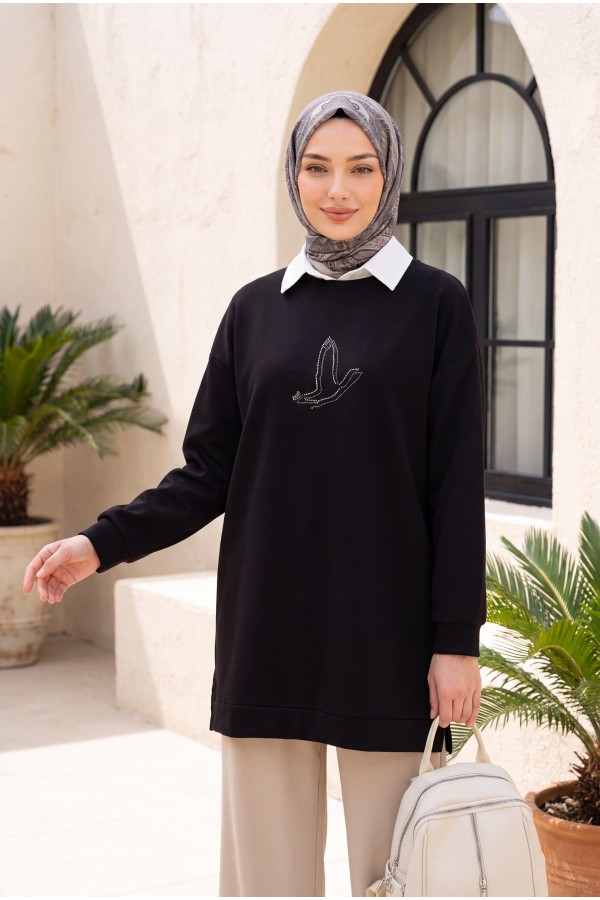 Kuş Desenli Taşlı Oysho Tunik  -Siyah