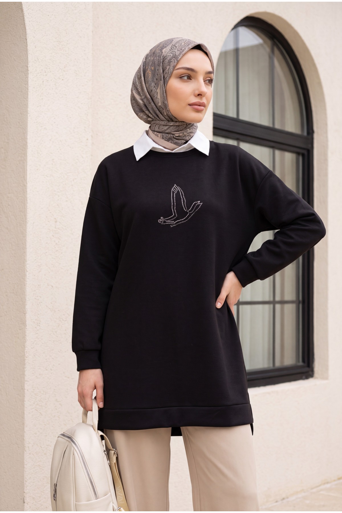 Bird Patterned Stoned Oysho Tunic -Black