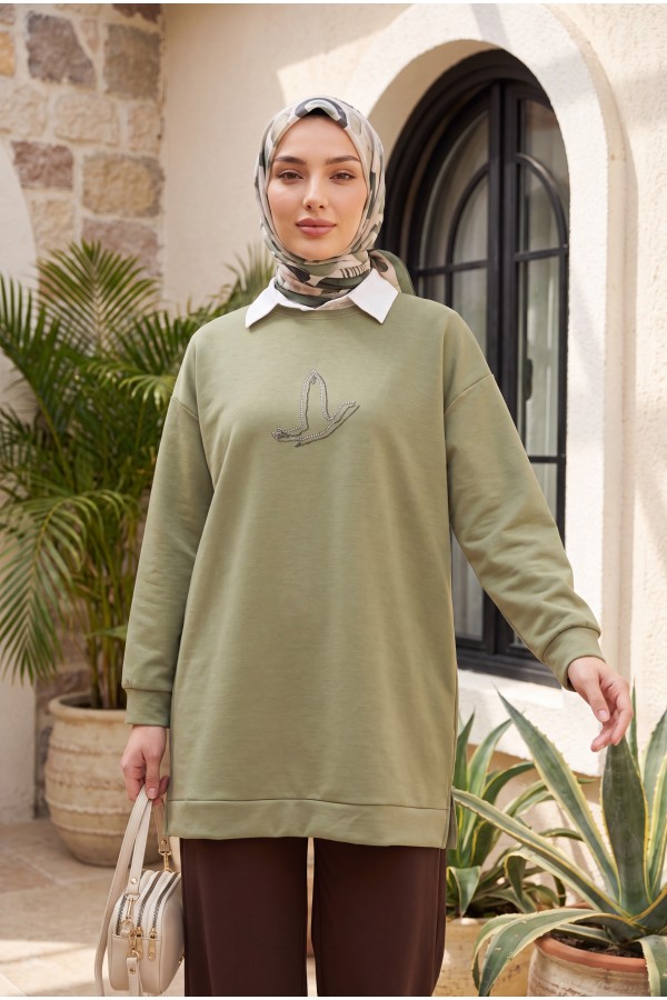 Kuş Desenli Taşlı Oysho Tunik  -Haki