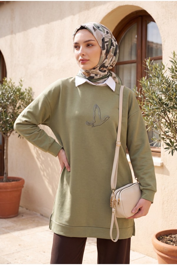 Kuş Desenli Taşlı Oysho Tunik  -Haki