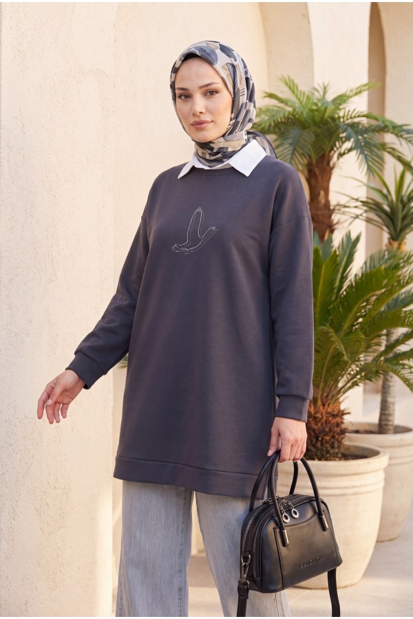 Kuş Desenli Taşlı Oysho Tunik  -Füme