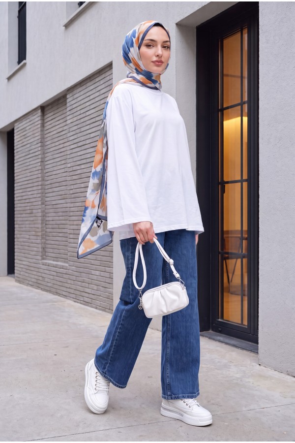 Crew Neck, Spanish Sleeve, Padded Shoulder Undershirt Blouse -White