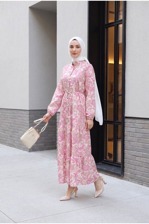 Mandarin Collar Half-Button Mixed Patterned Polycotton Dress with Elasticated Sleeves -Pink