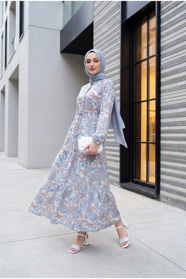 Mandarin Collar Half-Button Mixed Patterned Polycotton Dress with Elasticated Sleeves -Blue