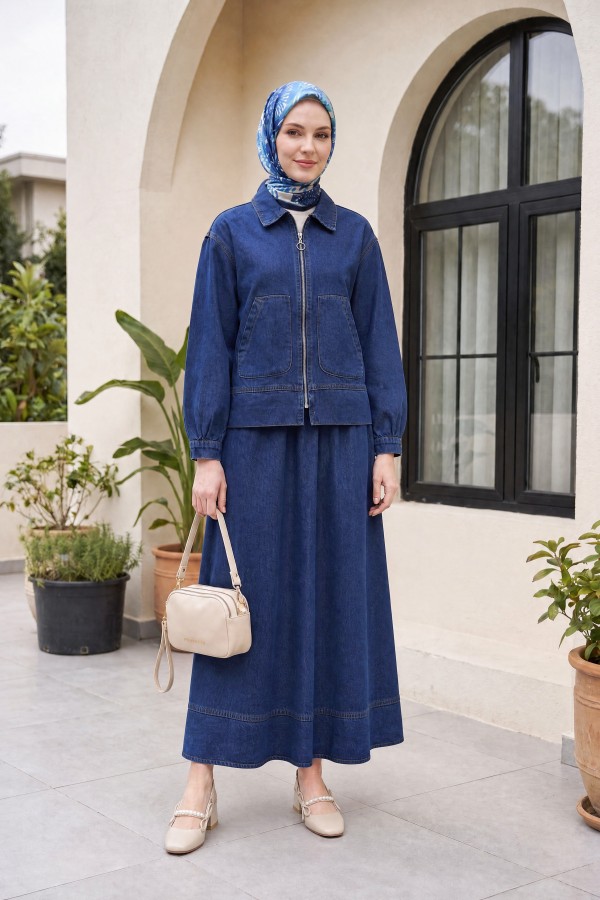 Front Zippered Double Pocket Skirted Denim Suit -İndigo