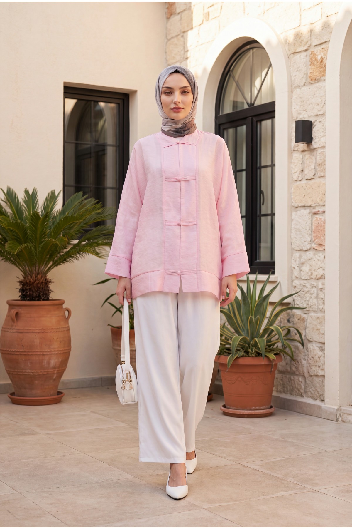 Biye Düğmeli V Yaka Organze Vual Oversize Kimono -Pembe