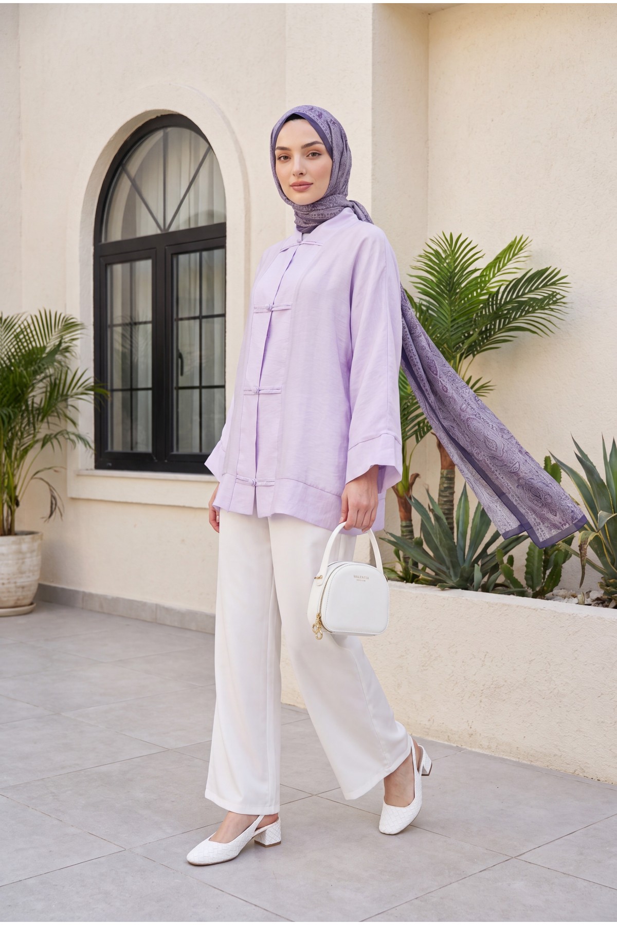 V-Neck Organza Voile Oversize Kimono with Piping Buttons -Lilac