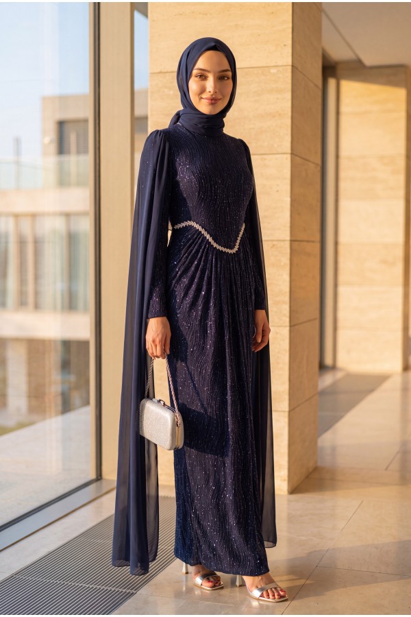 High Neck, Stone Detail Chiffon Cape, Lined, Glittery Jersey Evening Dress -Navy blue