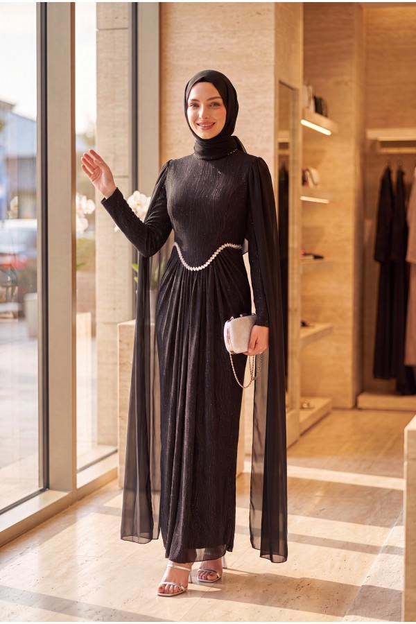 High Neck, Stone Detail Chiffon Cape, Lined, Glittery Jersey Evening Dress -Black