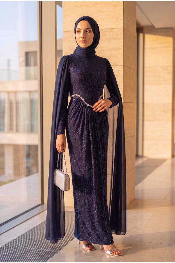 High Neck, Stone Detail Chiffon Cape, Lined, Glittery Jersey Evening Dress -Navy blue