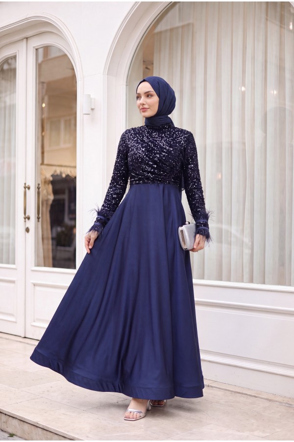 Sequined Top, Feathered Sleeves, Satin Skirt Evening Dress  -dark lacquer