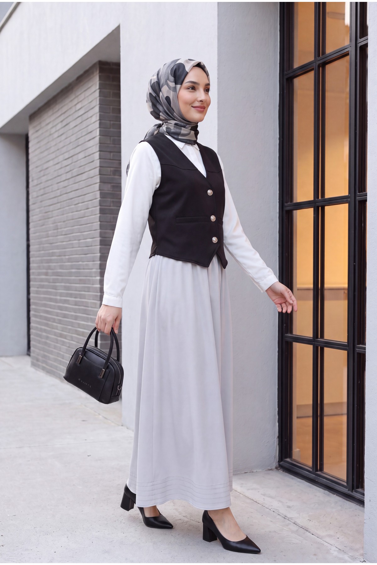 Pocket Detailed Buttoned Scuba Vest -Black detay görseli