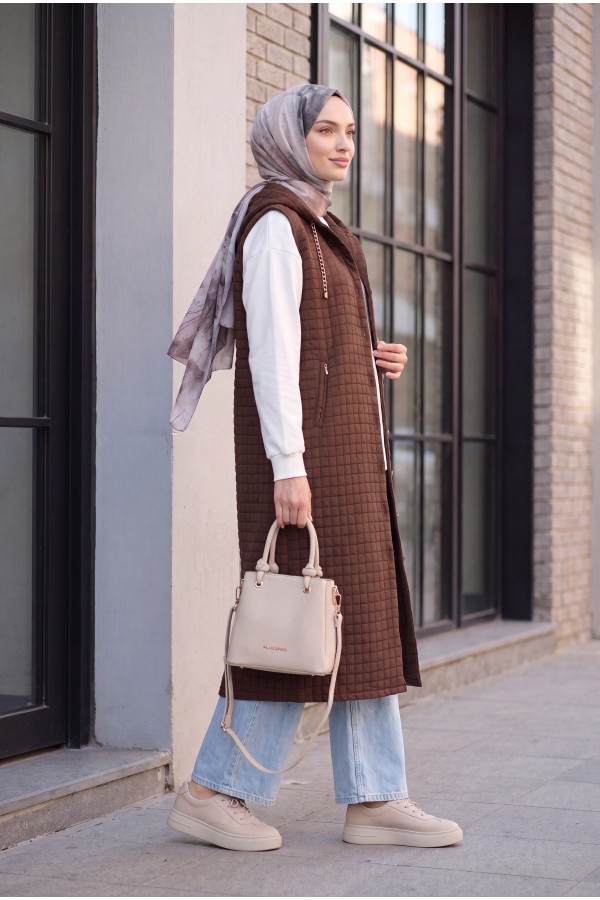 Quilted  Long Vest with Button-Down Hood and Pockets -Dark Coffee