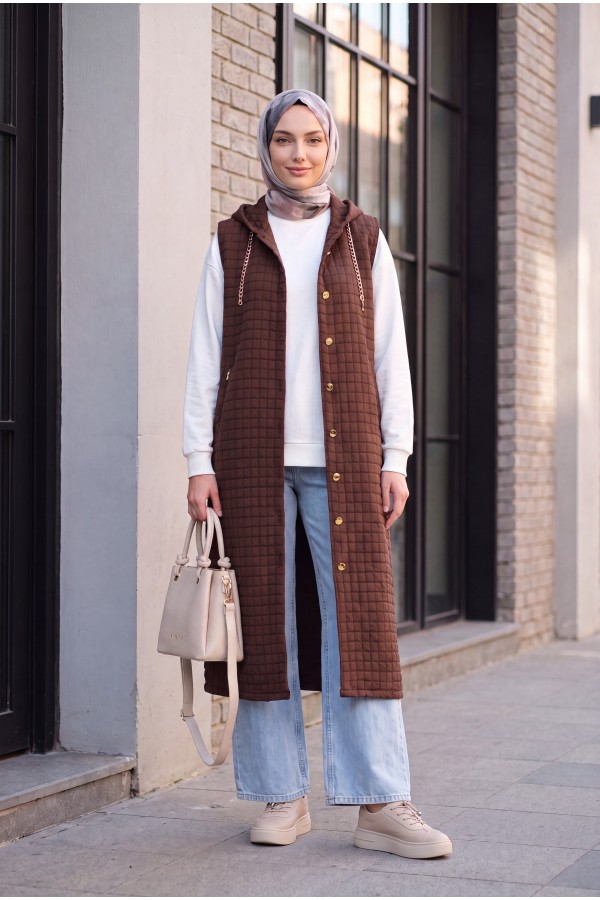Quilted  Long Vest with Button-Down Hood and Pockets -Dark Coffee