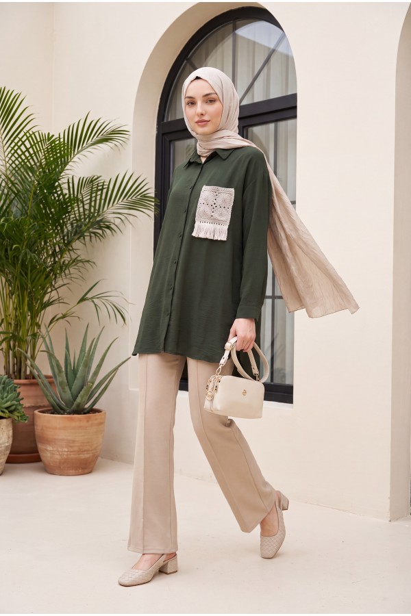 Knit Pocket Buttoned Ayrobin Shirt -Khaki
