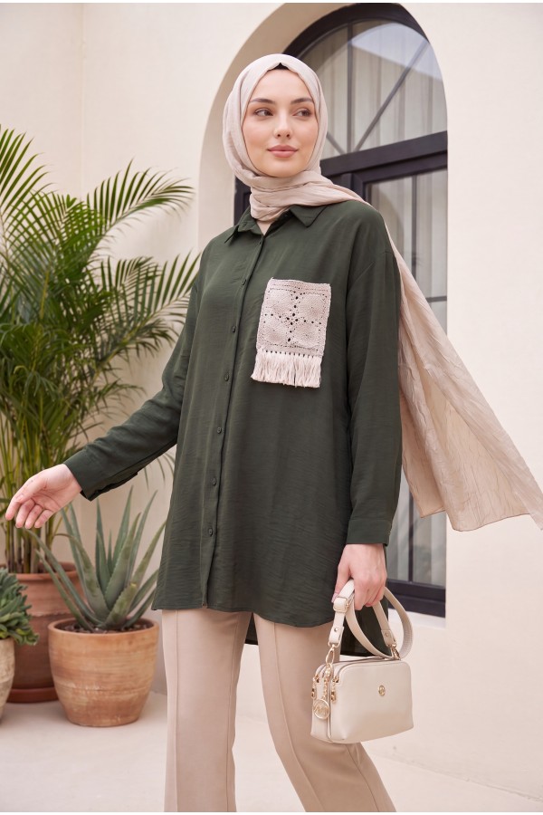 Knit Pocket Buttoned Ayrobin Shirt -Khaki