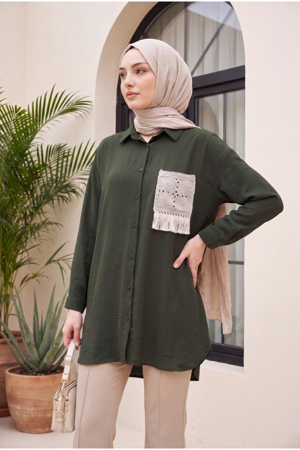 Knit Pocket Buttoned Ayrobin Shirt -Khaki