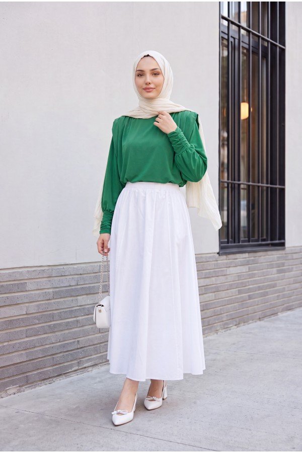 Shoulder Padded Sleeve Gathered Blouse -Green