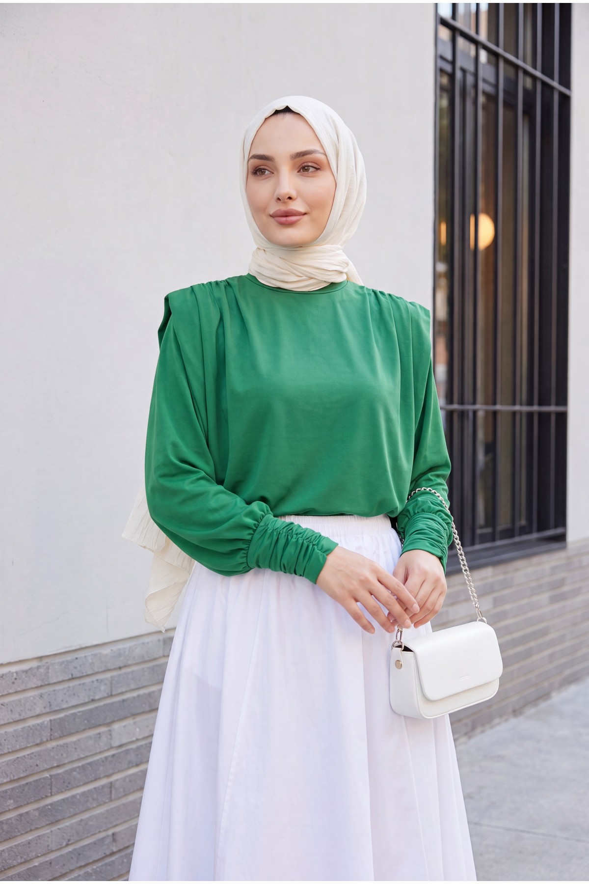 Shoulder Padded Sleeve Gathered Blouse -Green