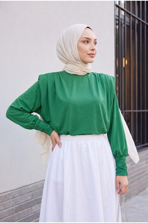 Shoulder Padded Sleeve Gathered Blouse -Green
