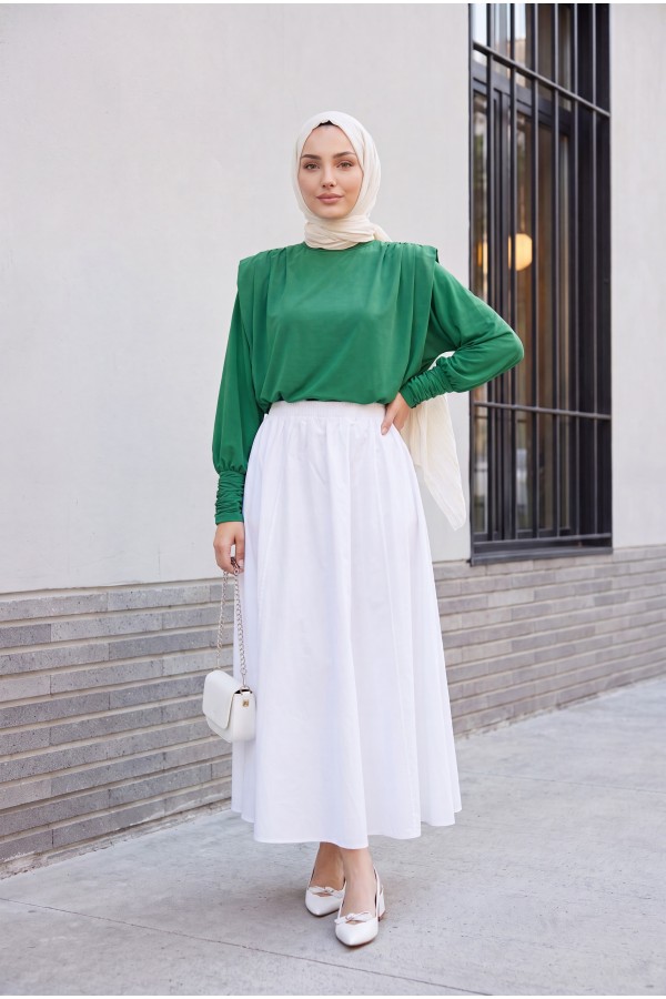 Shoulder Padded Sleeve Gathered Blouse -Green