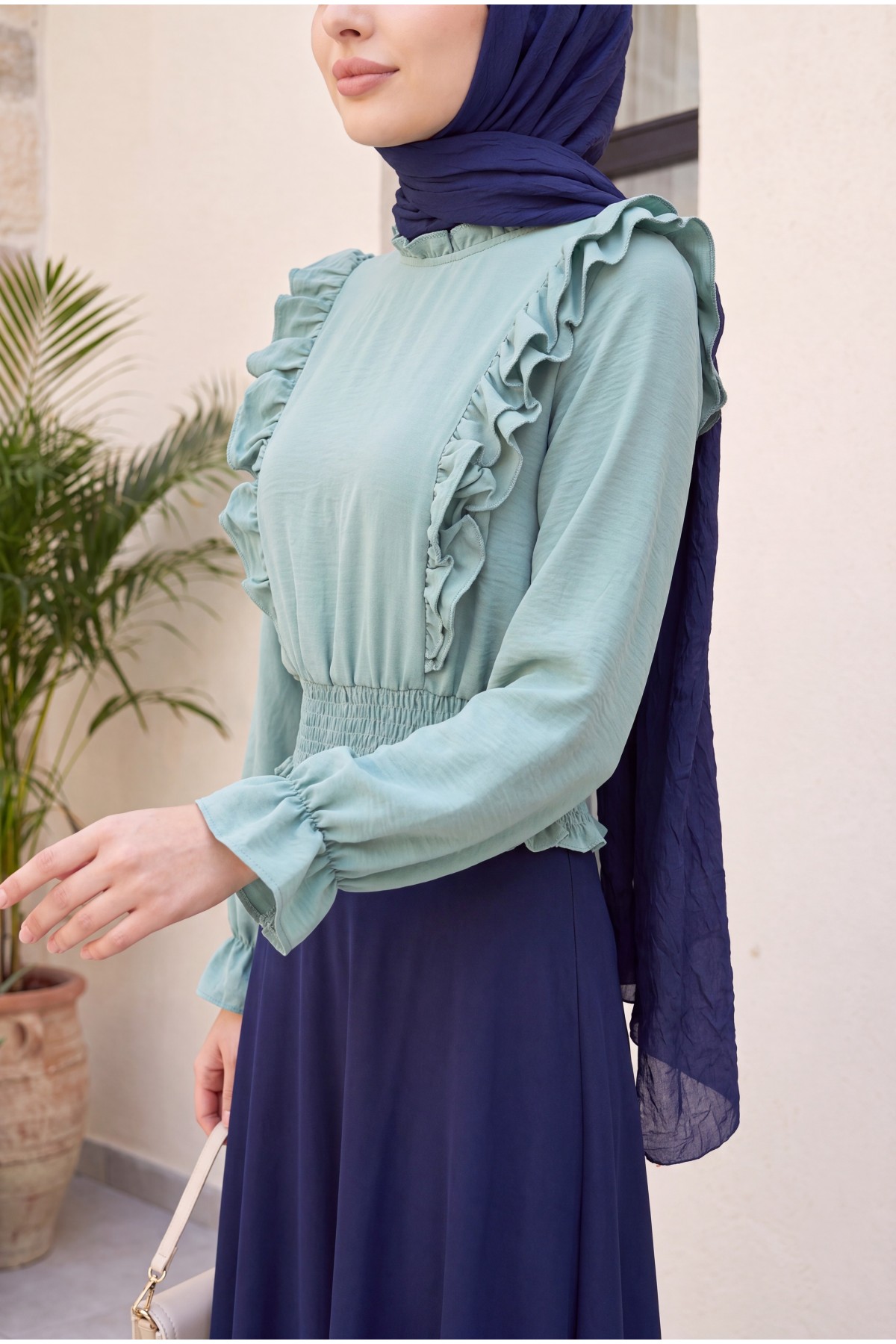 Ayrobin Blouse with Ruffles and Gathered Waist  -Mint Color
