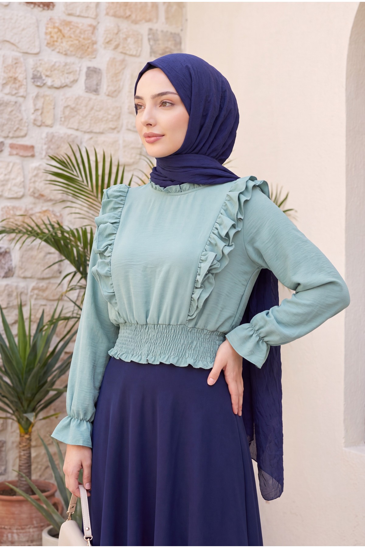 Ayrobin Blouse with Ruffles and Gathered Waist  -Mint Color