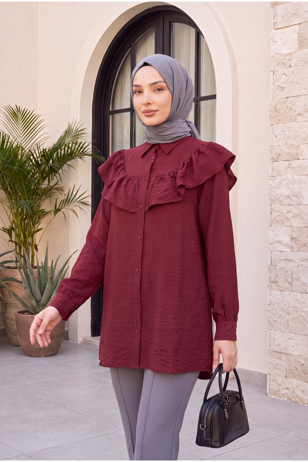 Ruffled Buttoned Rayon Tunic from the Waist -Maroon