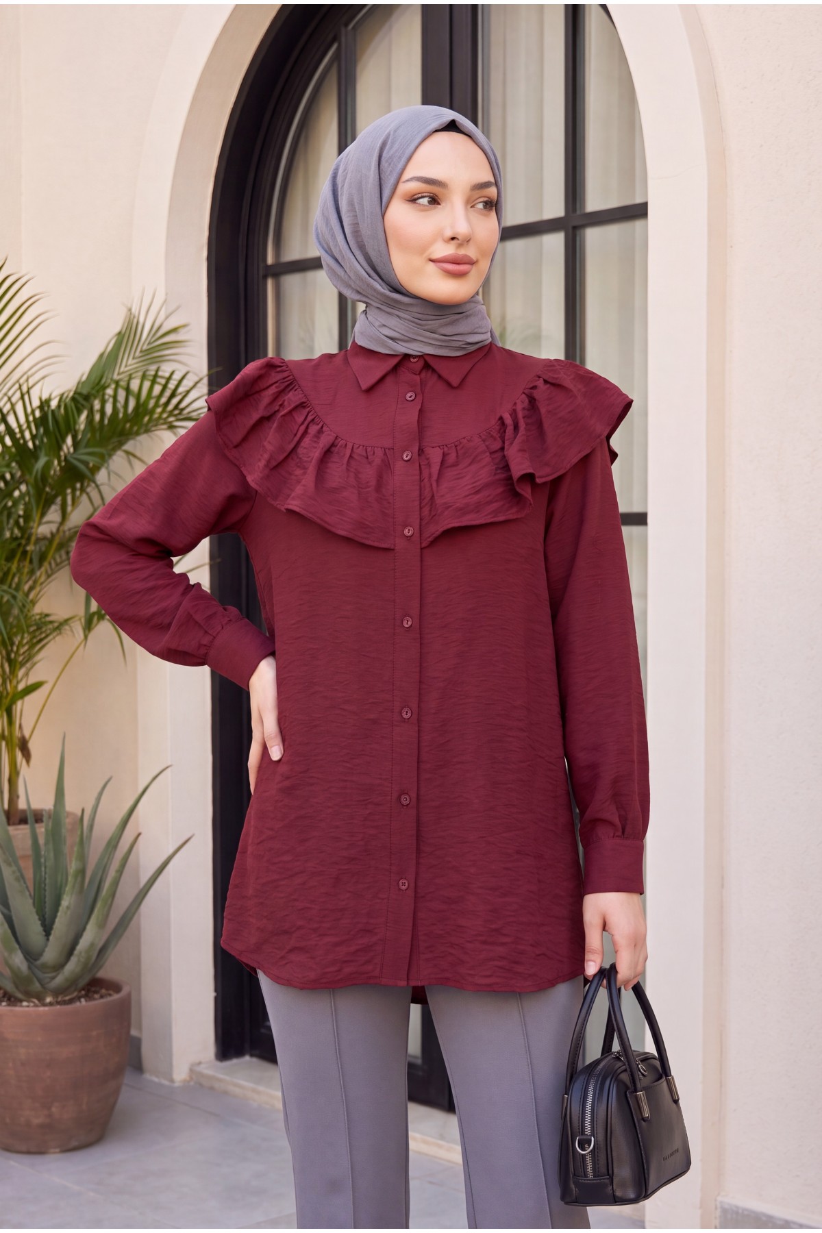 Ruffled Buttoned Rayon Tunic from the Waist -Maroon