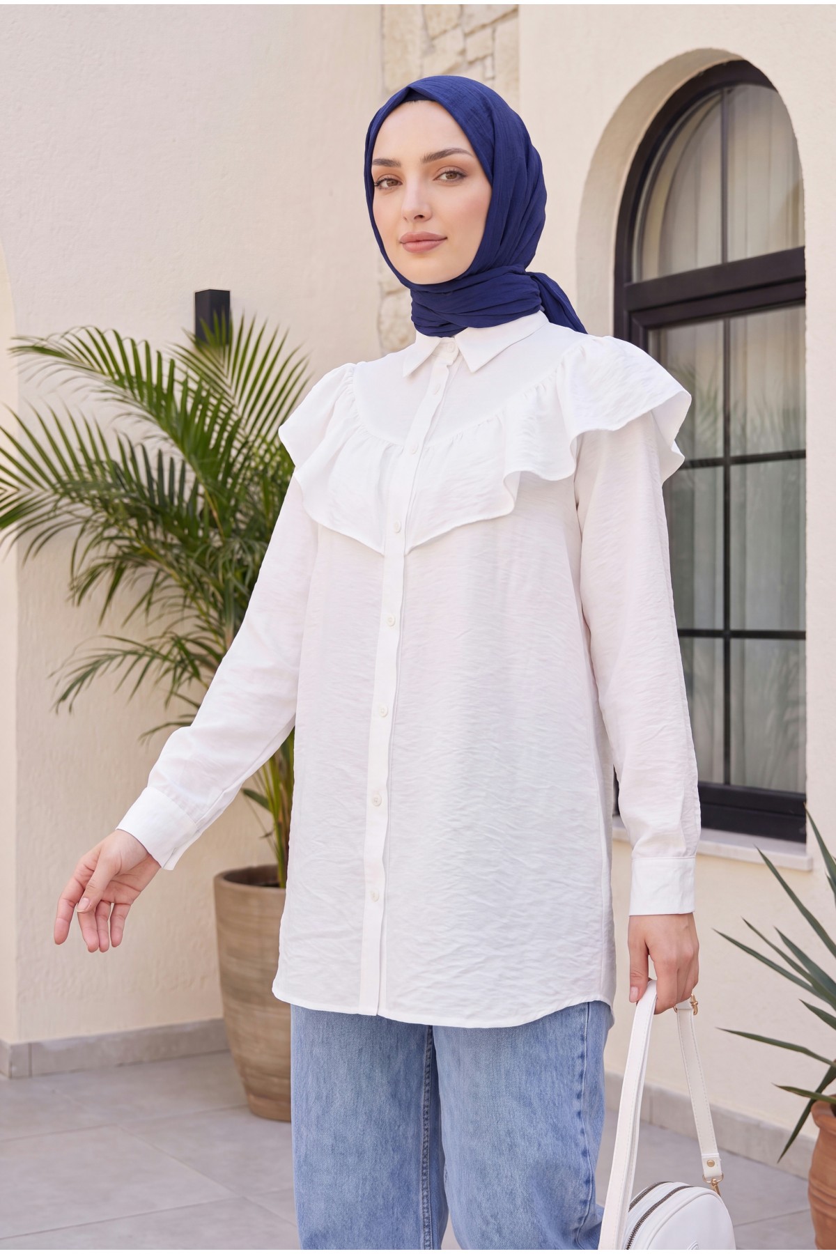 Ruffled Buttoned Rayon Tunic from the Waist -White