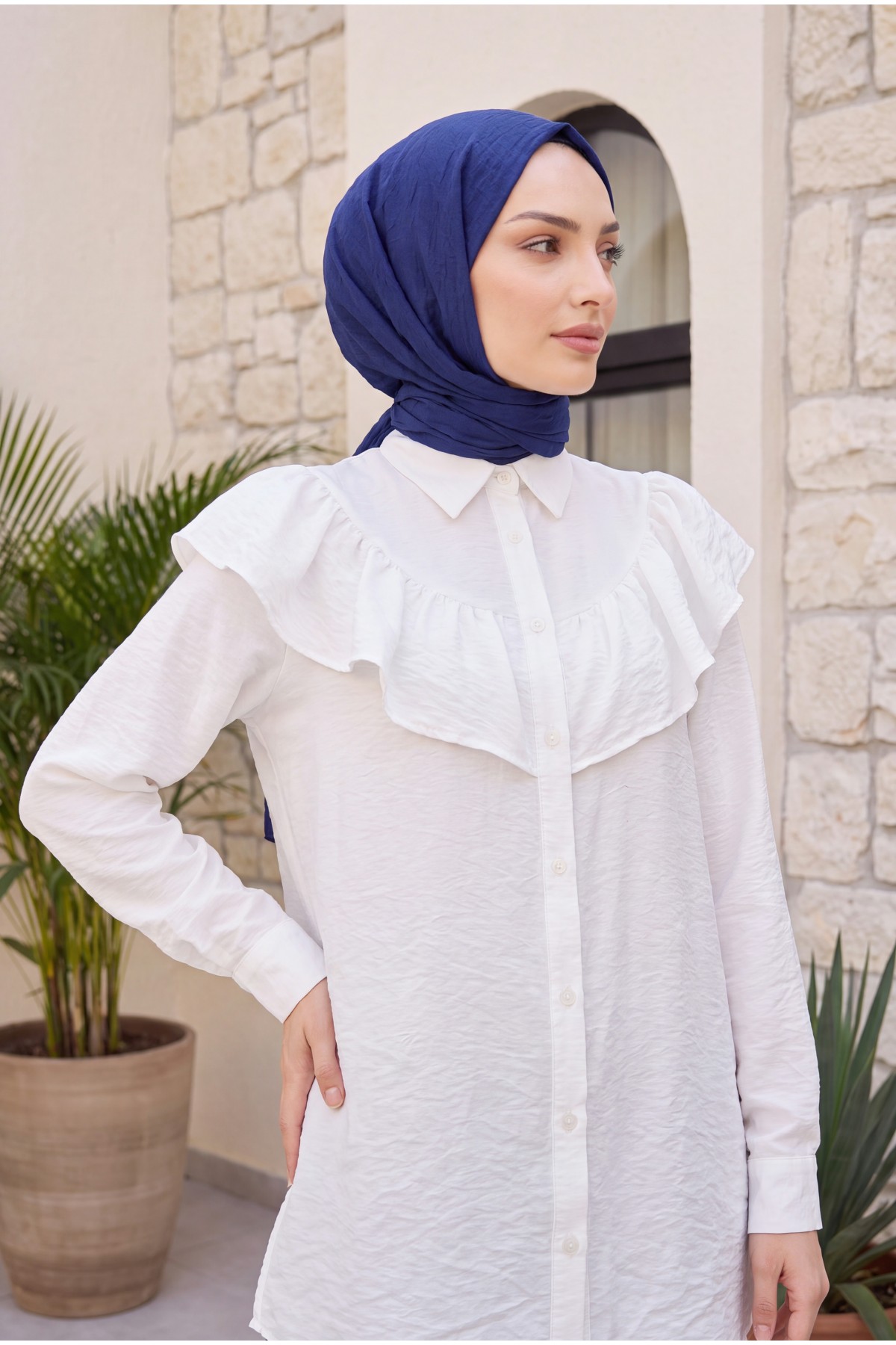 Ruffled Buttoned Rayon Tunic from the Waist -White