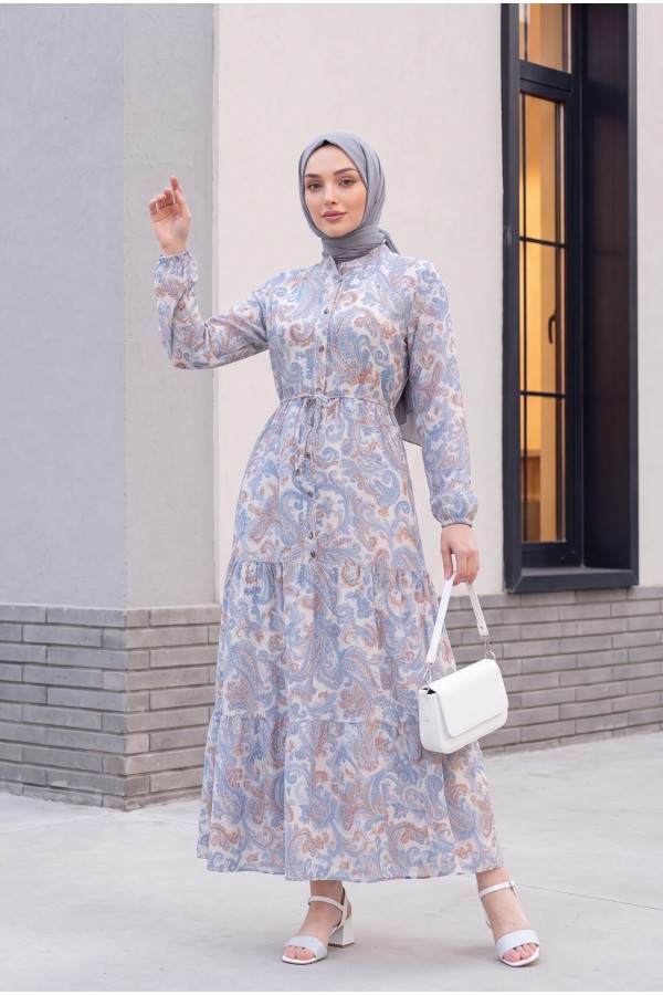 Mandarin Collar Half-Button Mixed Patterned Polycotton Dress with Elasticated Sleeves -Blue
