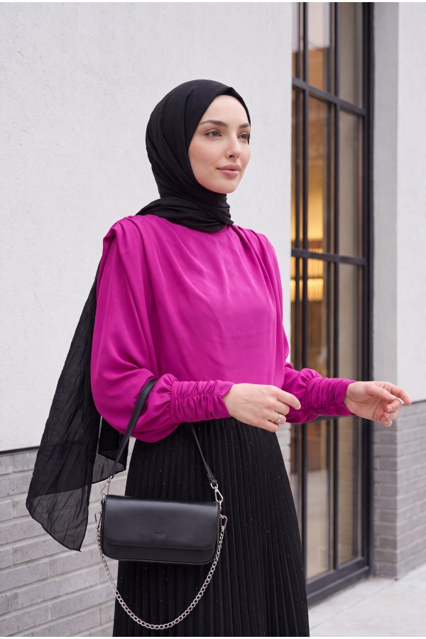 Shoulder Padded Sleeve Gathered Blouse   -Pink