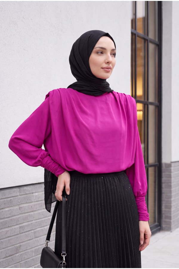 Shoulder Padded Sleeve Gathered Blouse   -Pink