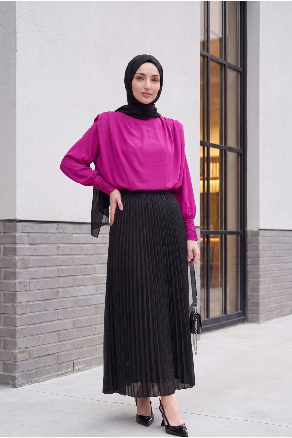 Shoulder Padded Sleeve Gathered Blouse   -Pink