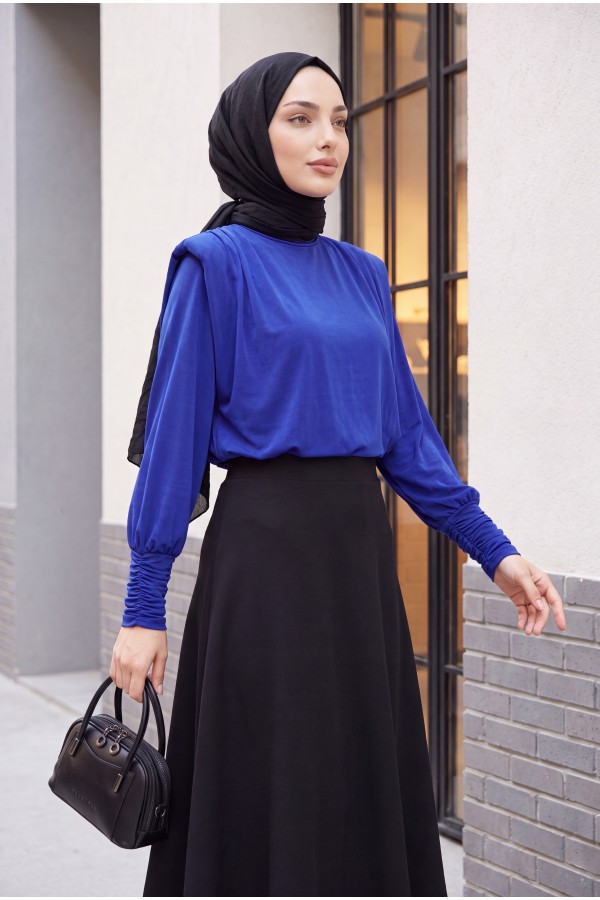 Shoulder Padded Sleeve Gathered Blouse -Saxe 