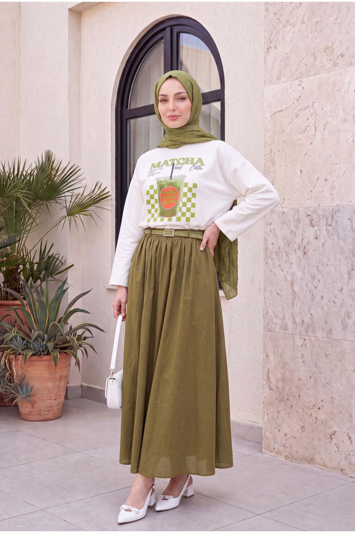 Matcha Baskılı Bisiklet Yaka Oversize 2 İplik Penye Sweatshirt -Ekru detay görseli