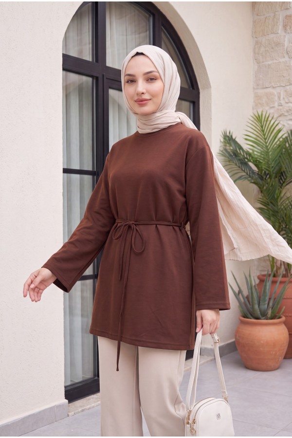 Yuvarlak Yaka Beli Bağlamalı Penye Tunik  -Kahverengi