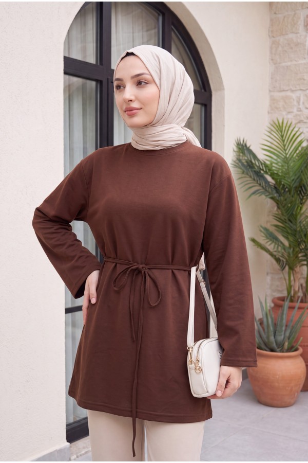Yuvarlak Yaka Beli Bağlamalı Penye Tunik  -Kahverengi