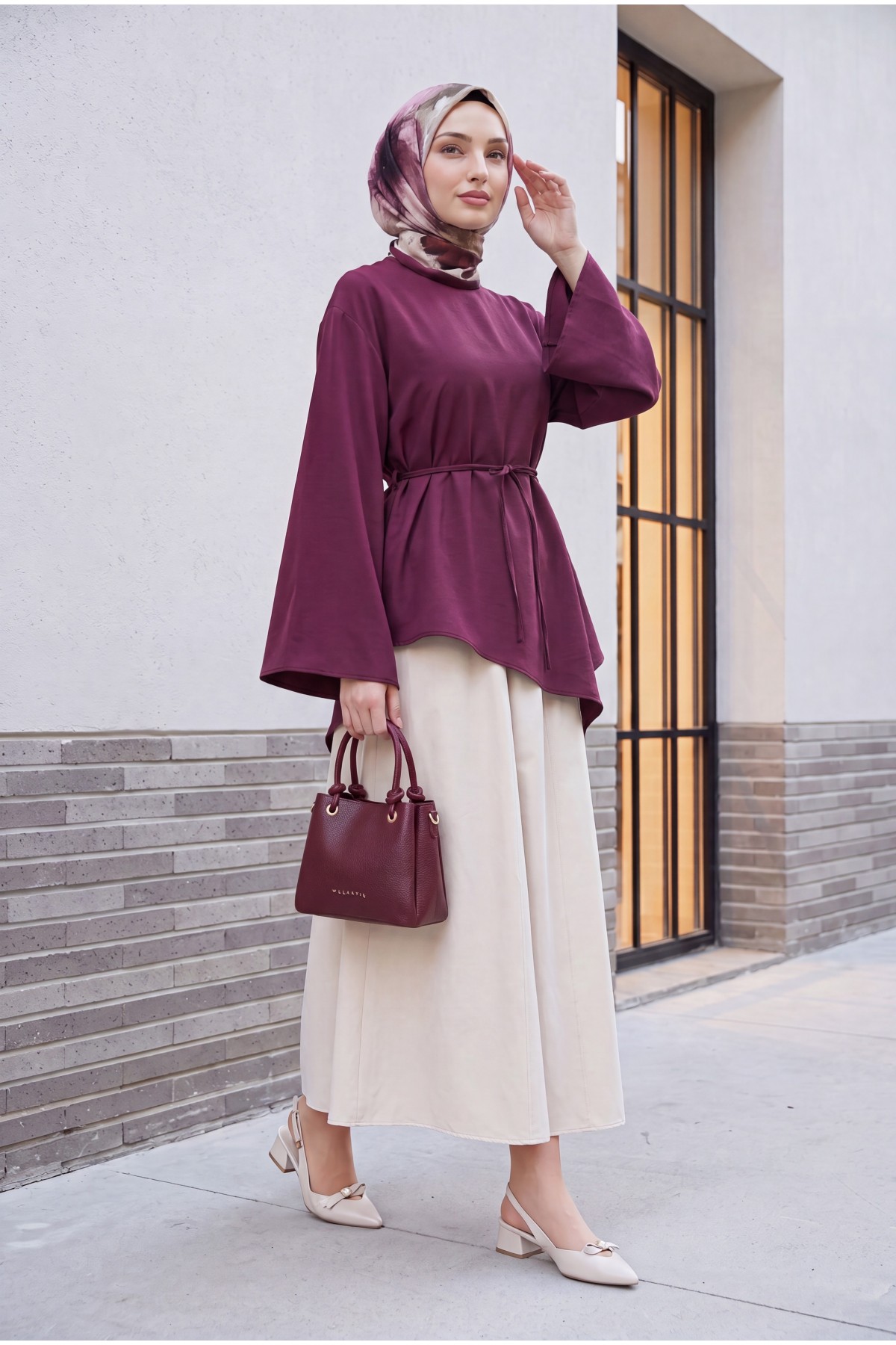 قصة غير متماثلة، خصر برباط، تونيك مودال واسع  -لون الخوخ