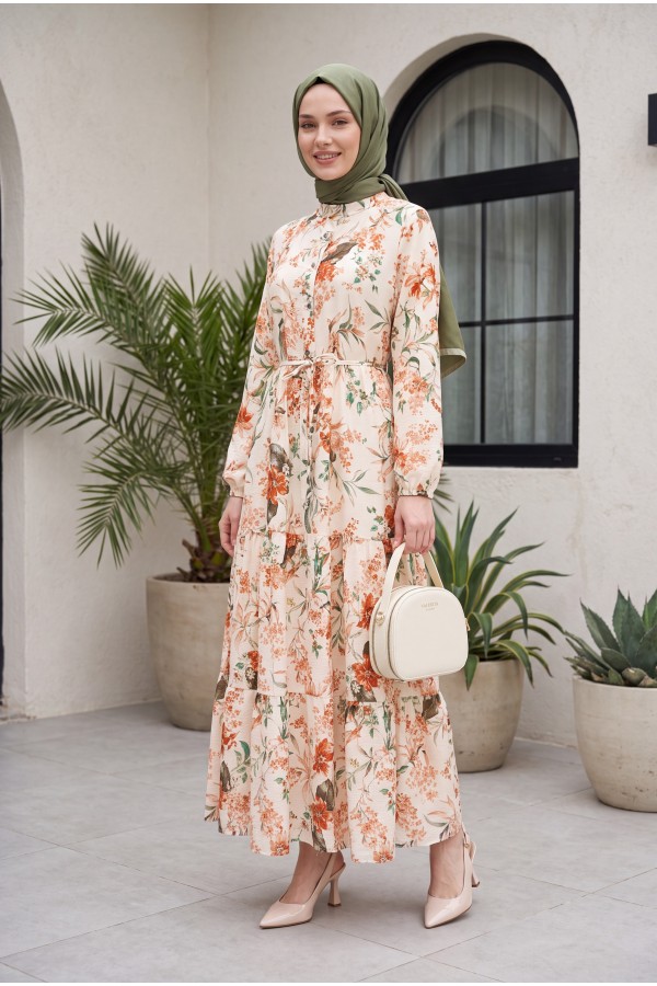 Mandarin Collar Half-Button Mixed Patterned Polycotton Dress with Elasticated Sleeves -Cream color