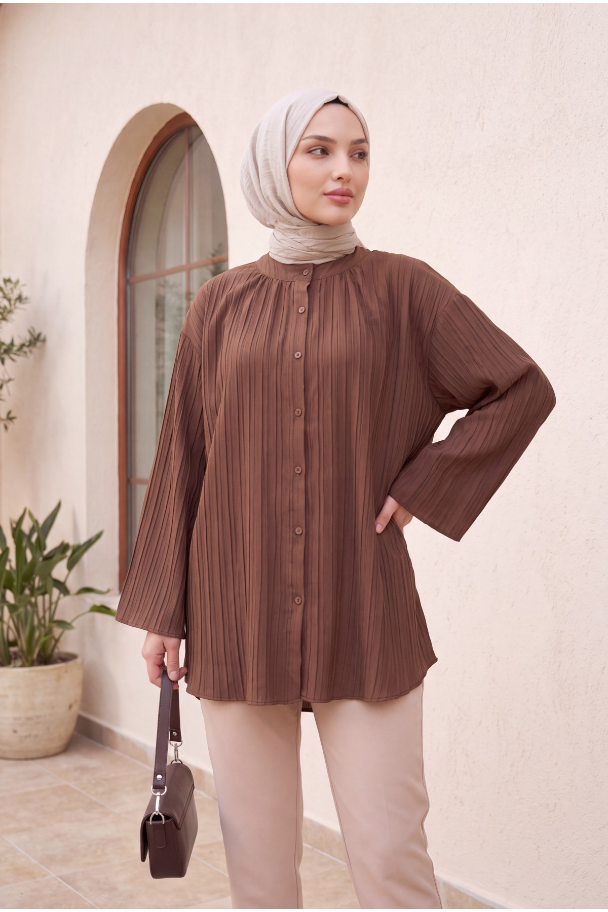 Round Neck Buttoned Spanish Sleeve Siena Tunic  -Brown