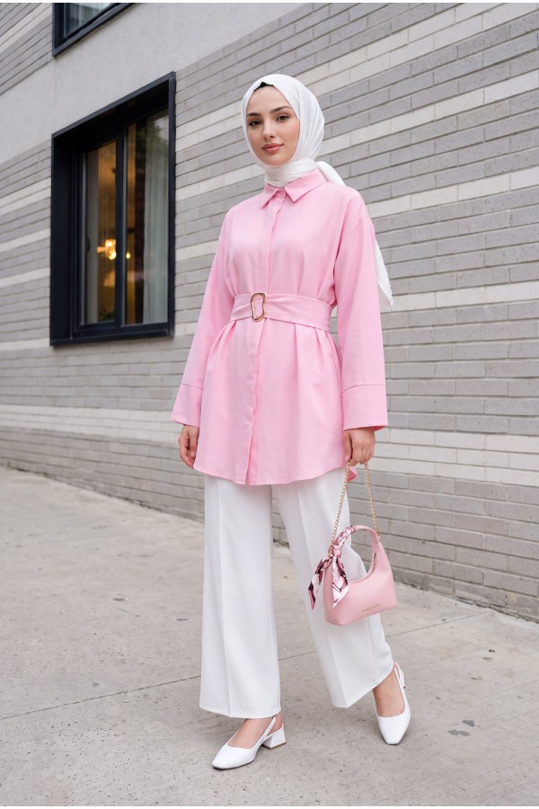 Tokalı Kemerli Duble Manşet Kol Gizli Düğmeli Poplin Tunik -Pembe