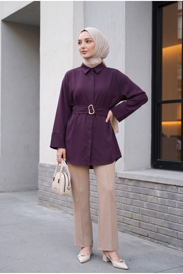 Buckled Belted Double Cuff Sleeve Concealed Button Poplin Tunic -Damson