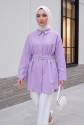Tokalı Kemerli Duble Manşet Kol Gizli Düğmeli Poplin Tunik -Lila